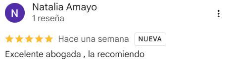 Reseña de Natalia Amayo en Google: Excelente abogada, la recomiendo.